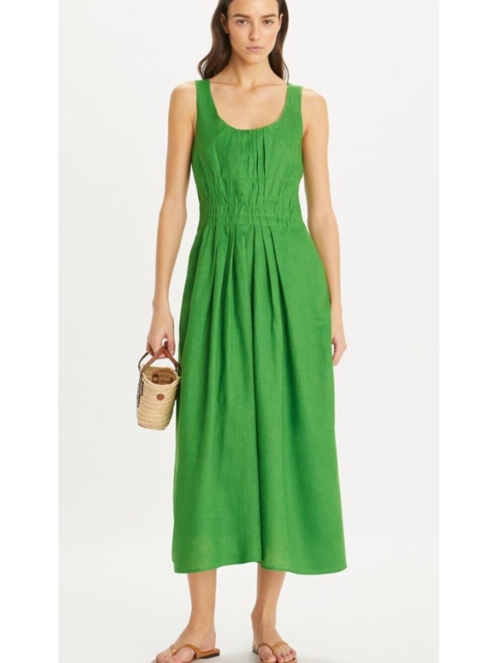 Tory Burch Pleated 100% Linen Midi Dress Bright Green Leaf Size 6